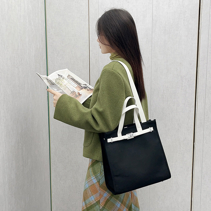 ZLLKL 2025 popular New Premium Retro Lock Contrast Color Kelly Bag Women's Large Capacity Portable One Shoulder Underarm Tote Bag Women