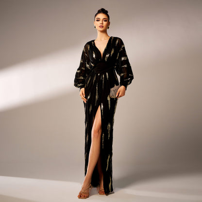 r 2025 high-end long-sleeved temperament V-neck sexy long sequined banquet evening dress bridesmaid dress women