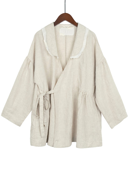 design literary and retro linen cardigan, pastoral life loose lace-up age-reducing jacket S24085