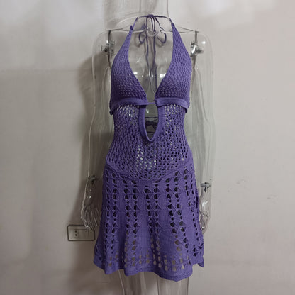 Sexy Spaghetti Straps Knitted Hollow Backless Lace-up New 2025 Summer New European and American Knitted Dress