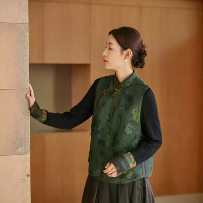 2025 New Chinese vest female autumn, green jacquard edge Chinese stand-up collar vest female B0743