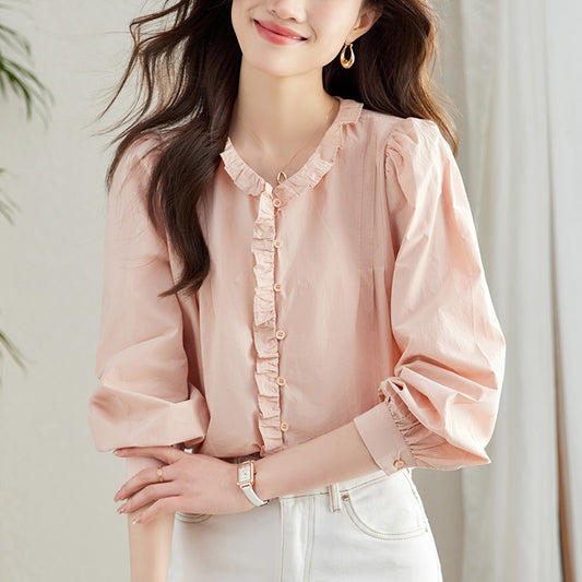 direct sales pure cotton long-sleeved shirt women's spring V-neck commuter Korean version loose and chic fungus edge pleated shirt