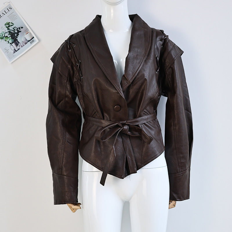 European and American cross-border 2025 winter retro lace-up faux leather jacket women's casual fashion lapel shawl Pu coat