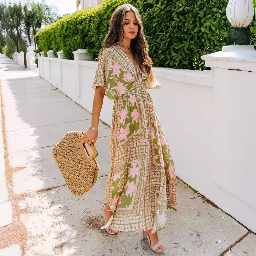 ZllKl  Cross-Border Foreign Trade   European and American Women's Clothing Summer Batwing Sleeve V-neck Floral Print Slit Dress Sexy Dress