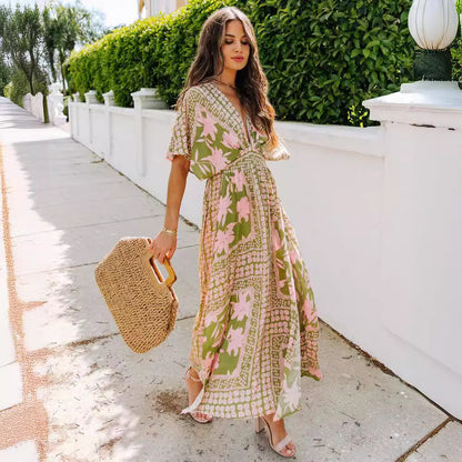ZllKl  Cross-Border Foreign Trade   European and American Women's Clothing Summer Batwing Sleeve V-neck Floral Print Slit Dress Sexy Dress