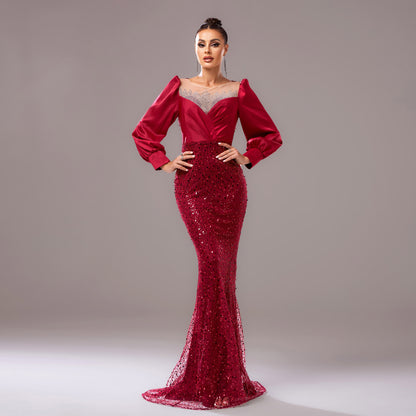r 2025 new temperament long-sleeved crew neck banquet hip-wrapped hot diamond sequins evening dress bridesmaid dress women