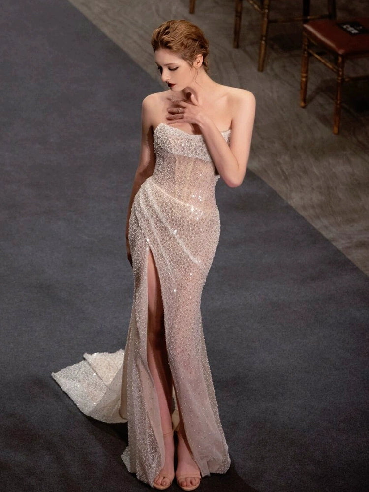 Fishtail tube top evening dress niche light luxury high-end sequin dress temperament celebrity style sexy trailing veil