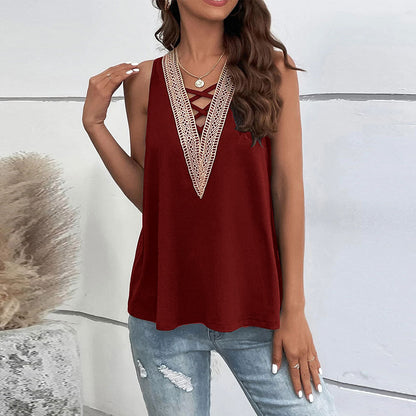 popular spring and summer New  women's clothing sexy hollow V-neck sleeveless casual vest loose solid color top TOP