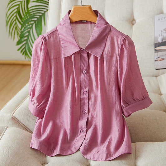 Cotton cocoon, temperament lapel short-sleeved Tencel shirt women's 2025 summer new thin thin small top