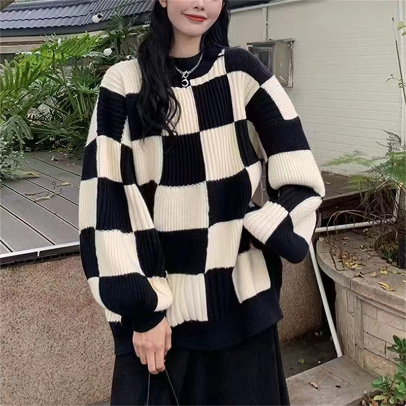 Checkerboard sweater women's autumn and winter design sense new top retro thin lazy wind pullover knitted sweater jacket