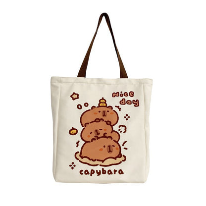 2025 ZLLKL Small fresh cartoon kapibara canvas bag popular new simple student make-up bag large capacity tote bag women