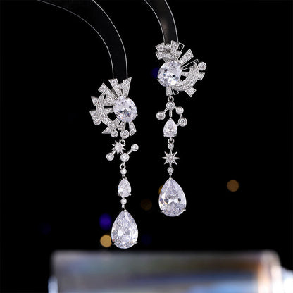 2025 Cross-border  luxury zircon earrings, moon octagram water droplets asymmetrical long bridal dress dinner earrings