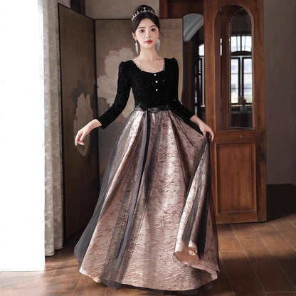 2025 Black evening dress women's 2025 new long-sleeved student art examination banquet temperament host  dress spring and autumn style
