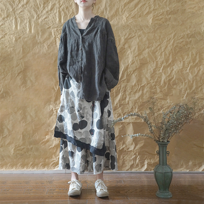 retro literary polka dot linen fisherman pants, personalized versatile and thin linen nine-point straight pants K21239