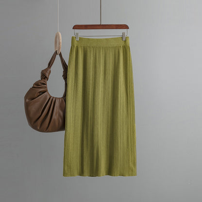 ZllKl Rear split knitted pit strip skirt solid color elastic waist elastic hip wrap temperament thin wool skirt autumn new