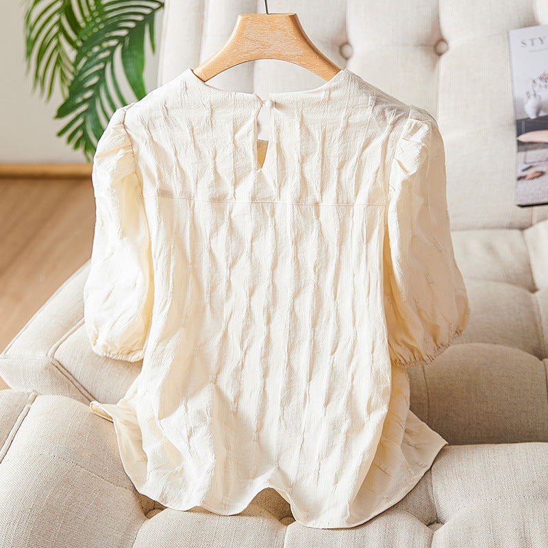 Cotton cocoon, apricot crew neck shirt women's short sleeves summer 2025 new small doll shirt design top