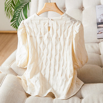 Cotton cocoon, apricot crew neck shirt women's short sleeves summer 2025 new small doll shirt design top