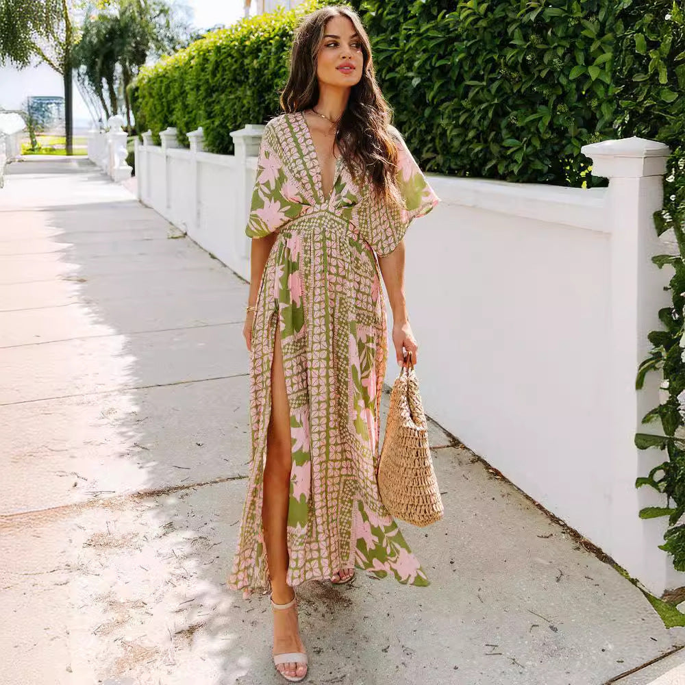 ZllKl  Cross-Border Foreign Trade   European and American Women's Clothing Summer Batwing Sleeve V-neck Floral Print Slit Dress Sexy Dress