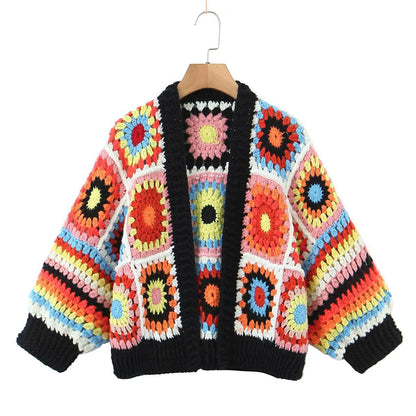 22 autumn and winter new European and American style fashion temperament women's clothing all handmade grandmother plaid loose cardigan knitted sweater