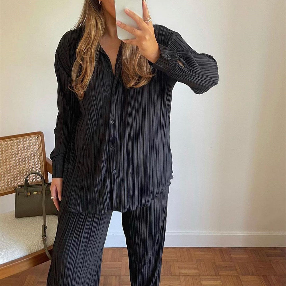zllkl  2022 Spring New European and American Fashion Pleated Design Shirt Outfit Straight-Leg Trousers Loose Drooping Two-Piece Set for Women