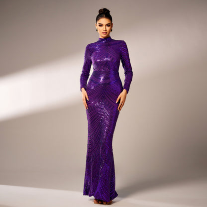 r 2025 party evening dress female banquet temperament host sequined round neck long-sleeved dress bridesmaid dress