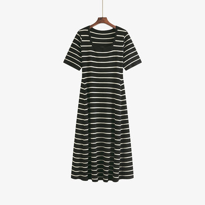 ZllKl  100.00kg plus Size Women's Clothing Square Collar Short Sleeve T-shirt Skirt  Summer Plump Girls Slimming Stripes Knitted Dress 22301