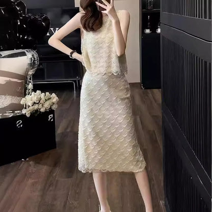 2025 popular Summer New  Light Luxury Celebrity Lace Embroidery Crew Neck Sleeveless Top Women's Skirt Two-piece Set