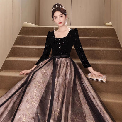 2025 Black evening dress women's 2025 new long-sleeved student art examination banquet temperament host  dress spring and autumn style