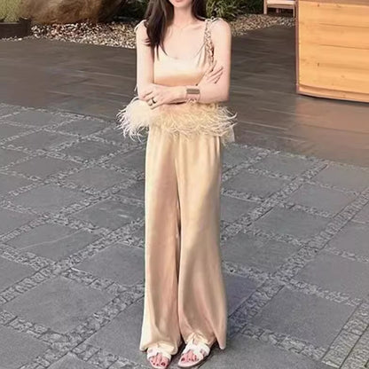 2025 Design set popular summer new fashion pure desire suspender top wide leg pants set
