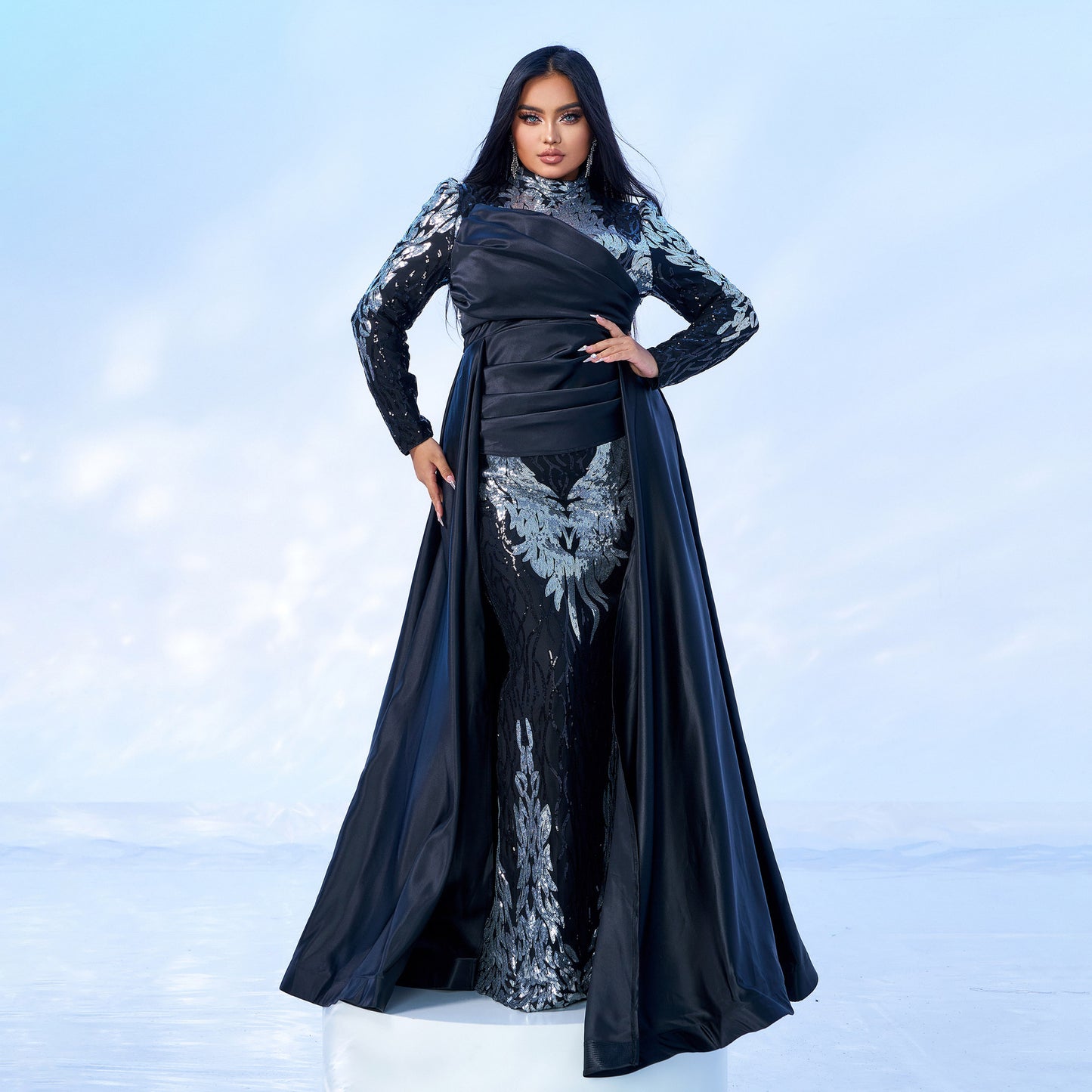 r 2025 high-end long-sleeved temperament round neck long sequined banquet fishtail evening dress bridesmaid dress women