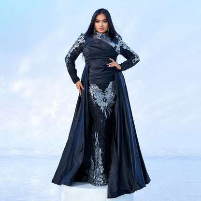 r 2025 high-end long-sleeved temperament round neck long sequined banquet fishtail evening dress bridesmaid dress women