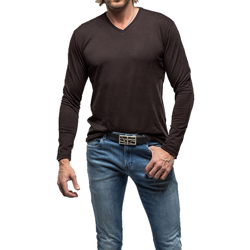 ZLLKL 2025 men's new solid color V-neck long-sleeved T-shirt,  men's pure cotton bottoming shirt top T-Shirt