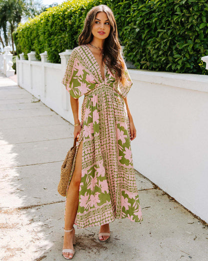 ZllKl  Cross-Border Foreign Trade   European and American Women's Clothing Summer Batwing Sleeve V-neck Floral Print Slit Dress Sexy Dress