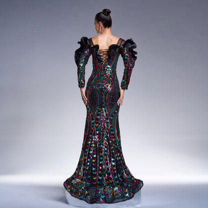 r 2025 new long-sleeved V-neck hollowed-out long sequined banquet fishtail evening dress bridesmaid dress women