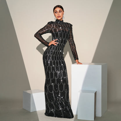 r 2025 high-end long-sleeved temperament round neck slim-fitting long sequined banquet evening dress bridesmaid dress women