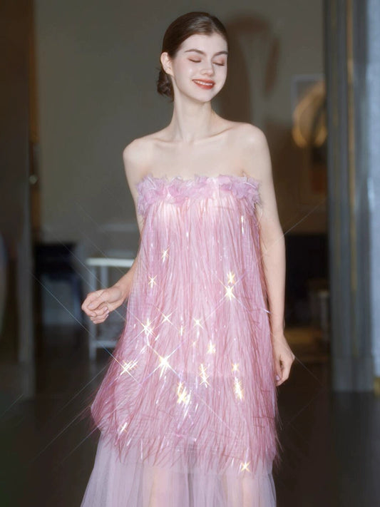 Pink morning robe woman 2025 new temperament light luxury tube top bridal engagement dress banquet birthday super fairy dress