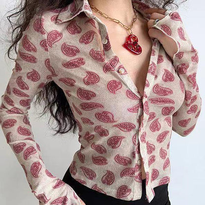 zllkl  American Retro Fashion Slim Fit Polo Collar Hot Girl Long Sleeve Shirt Women Western Style Printed All-Matching Slim-Fit Crop-Top
