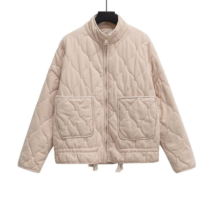 European and American style autumn and winter new women's clothing solid color casual fashion versatile pocket decoration cotton jacket 0002042