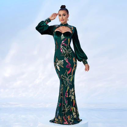r 2025 long-sleeved temperament round neck sexy hollow long sequined banquet evening dress bridesmaid dress women