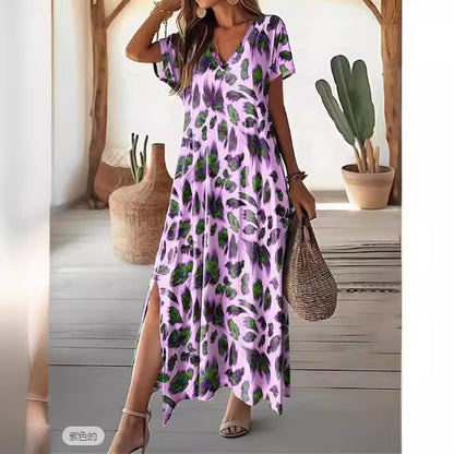 Zllk  Women's Casual Dress Summer Digital Printing Split V-neck Street Style Short Sleeve Regular Dress