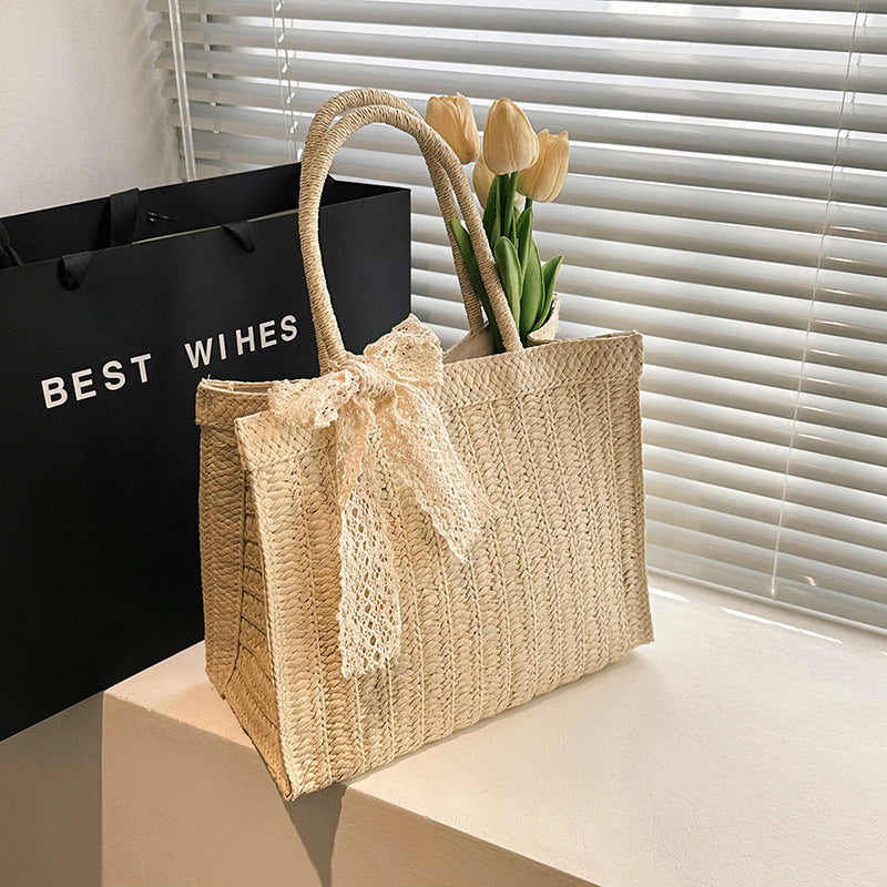 ZLLKL 2025New woven vegetable basket handbag bag Mori sweet lace bow straw woven women's bag large capacity messenger bag