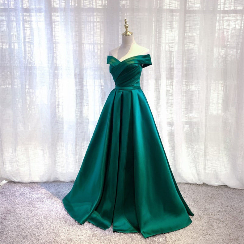 2025 One-word shoulder satin evening dress slim and thin performance chorus socialites banquet annual meeting host dinner dress