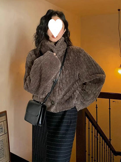 Vintage Cropped Stand Neck Loose Casual Jacket Japanese Streetwear Fashion Y2k Fluffy Coats Aesthetic Grunge Women Chaqueta Coat