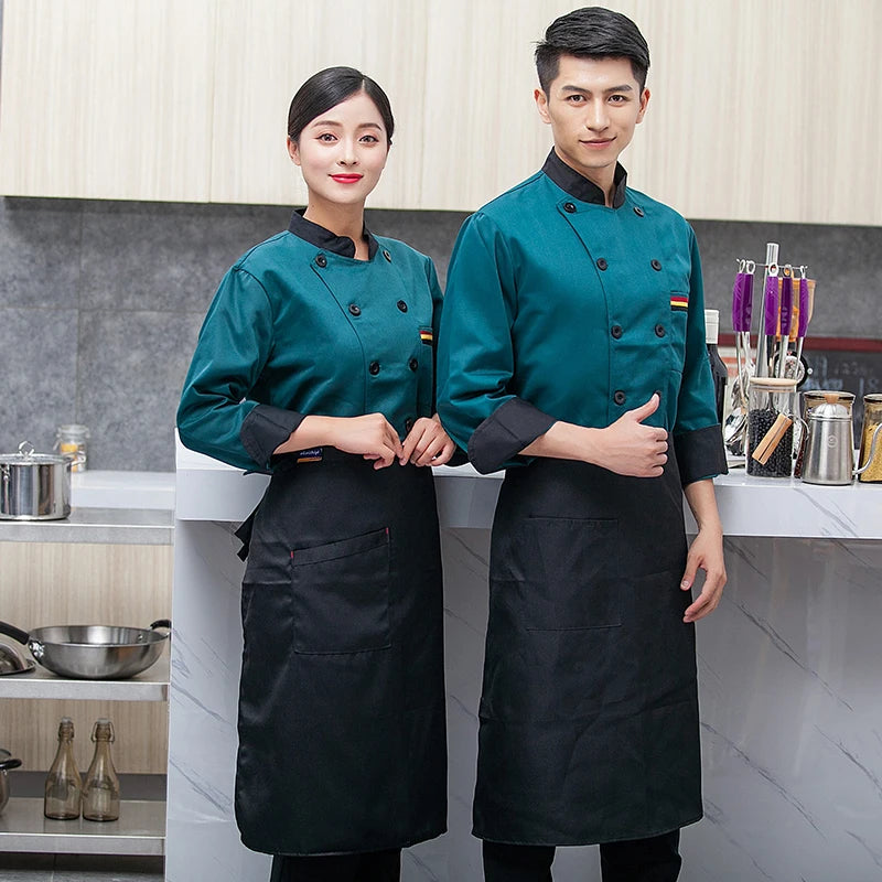 Chef Jacket Men Long Sleeve Shirt Apron Hat Bakery Cook Coat Unisex Kitchen Pastry Clothes Restaurant Waiter Uniform Women Logo
