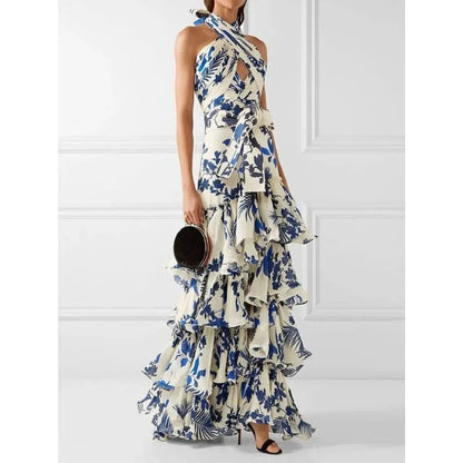 Spring Summer 2024 Bohemian Vacation Style Lace-up Lolita Large Swing Dress Printed Dress Long Loose Maxi Dresses