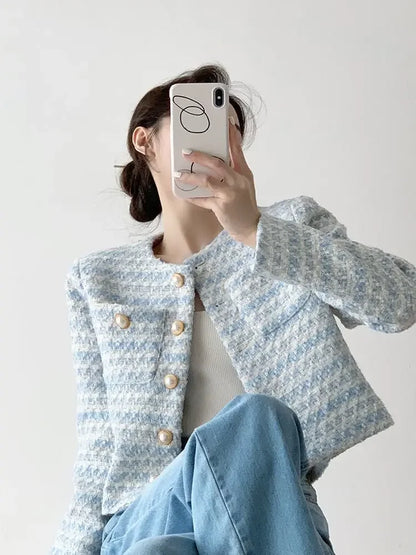 ITOOLIN Autumn Winter Women Elegant  Tweed Cardigan Short Coat With Pocket Single Breasted Jacket For Women Loose Outwear