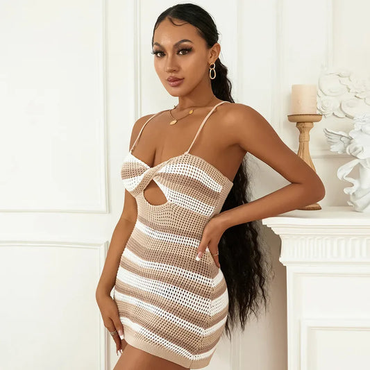 WPNAKS Women Backless Knitted Spaghetti Strap Dress Summer Clothes Stripes Twisted Crochet Cutout Party Mini Dress Sexy Club