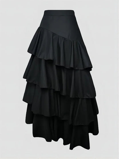 Women's High Waist Layered Ruffle Maxi Cake Skirt Elegant Party Wedding Guest Y2K Solid Vintage Black Solid A Line Skirts