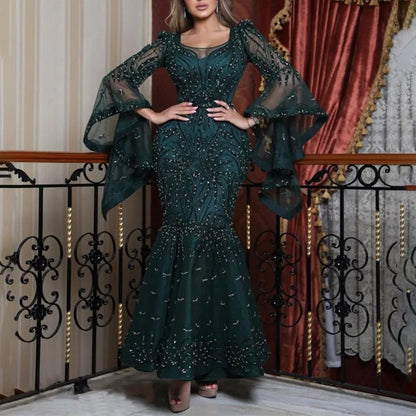 2022 New Arrival Green Sexy Party Wear Dress Long Sleeve Mermaid Prom Dress Sequin Beaded Lace Evening Dress Wedding Toast Robe