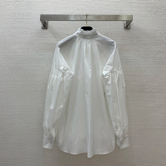 2024 New Spring Standing Collar Drop Shoulder Lantern Sleeve Arc Hem Open Fork Loose Peplum Long Sleeve Shirt